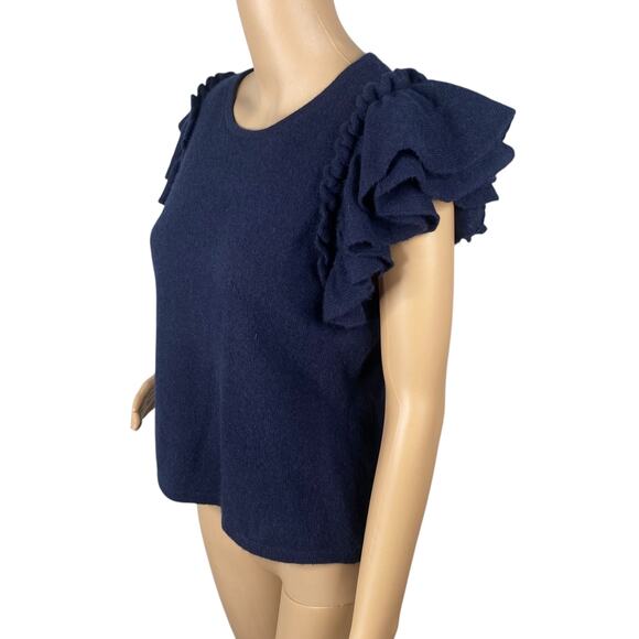 Filoro 100% Cashmere Navy Blue Crew Neck Flutter Sleeve Sweater Knit Top SZ M - Picture 4 of 7